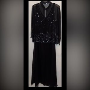 Size 14 J KARA SLEEVELESS BEADED JACKET, V-NECK LONG BLACK DRESS WITH BEADED TOP